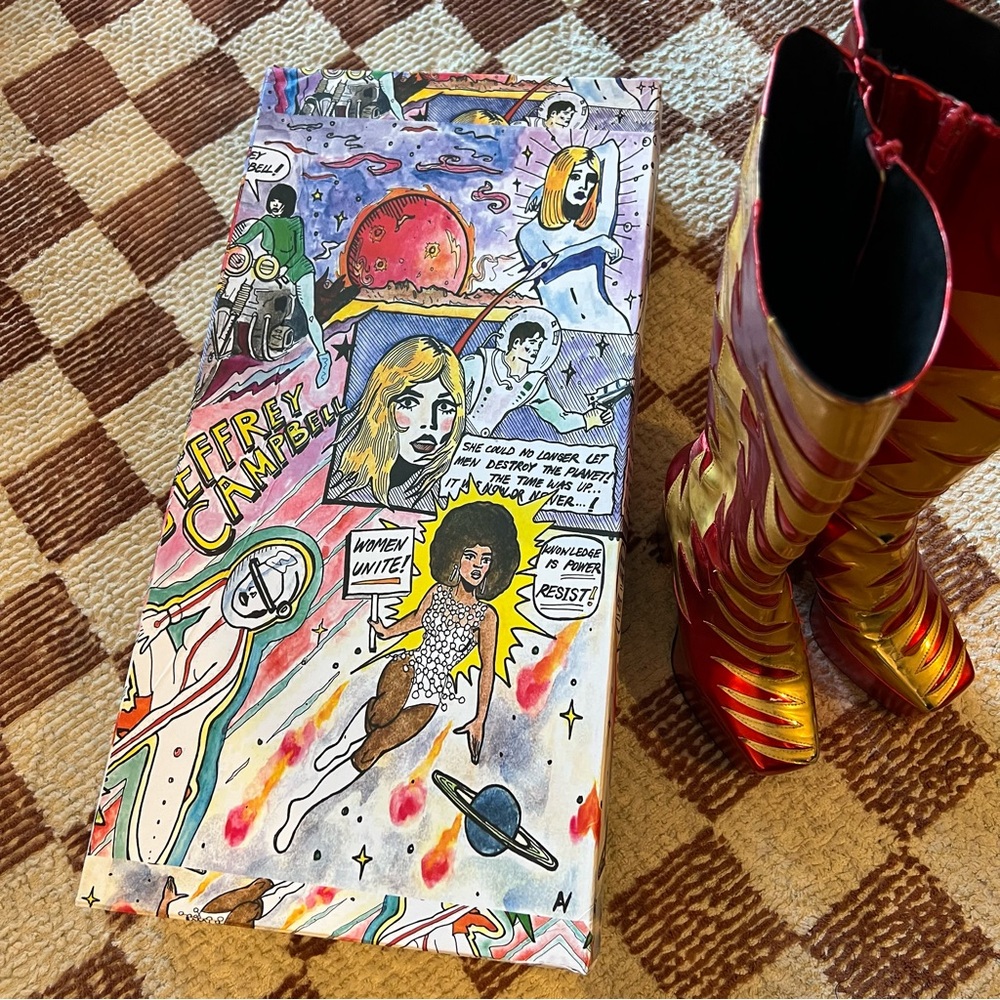 Jeffrey Campbell Kiss This Knee High 70s Style Platform Boot Metallic Red Gold - Picture 8 of 10